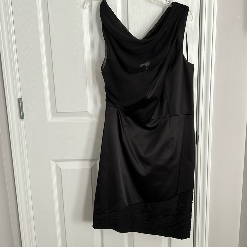 MaxandCleo evening dress. Satin with chiffon trim and drape top. Fully lined 12